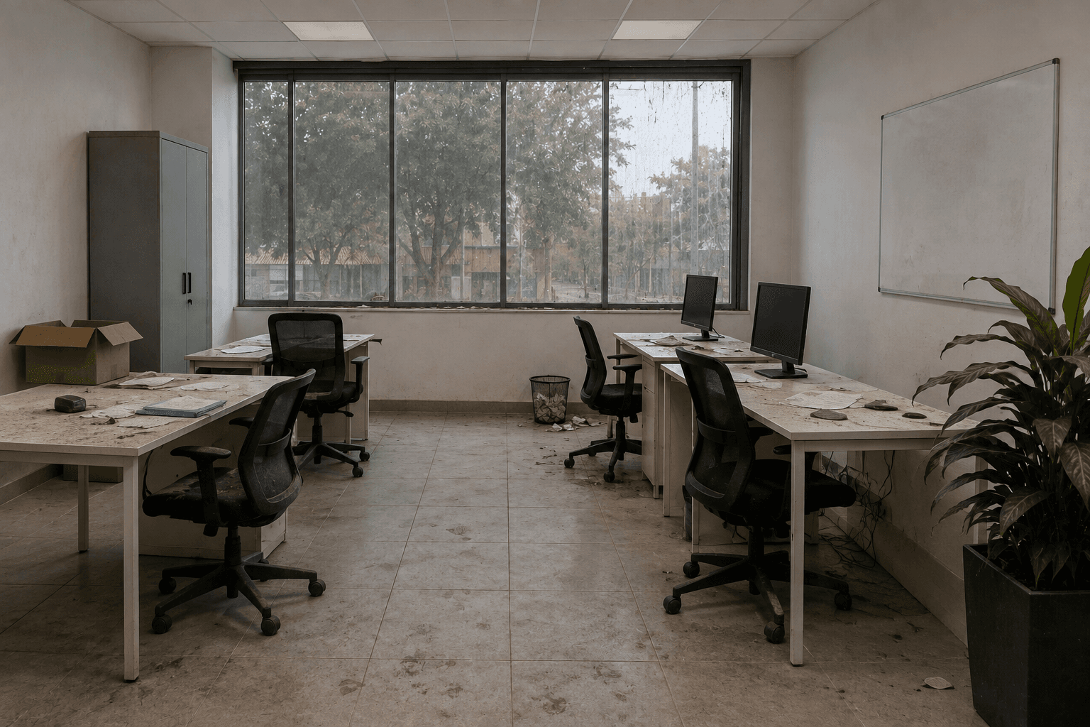 Un open space poussiéreux et terne, sol taché et vitres voilées, avant l'intervention d'IKnett.